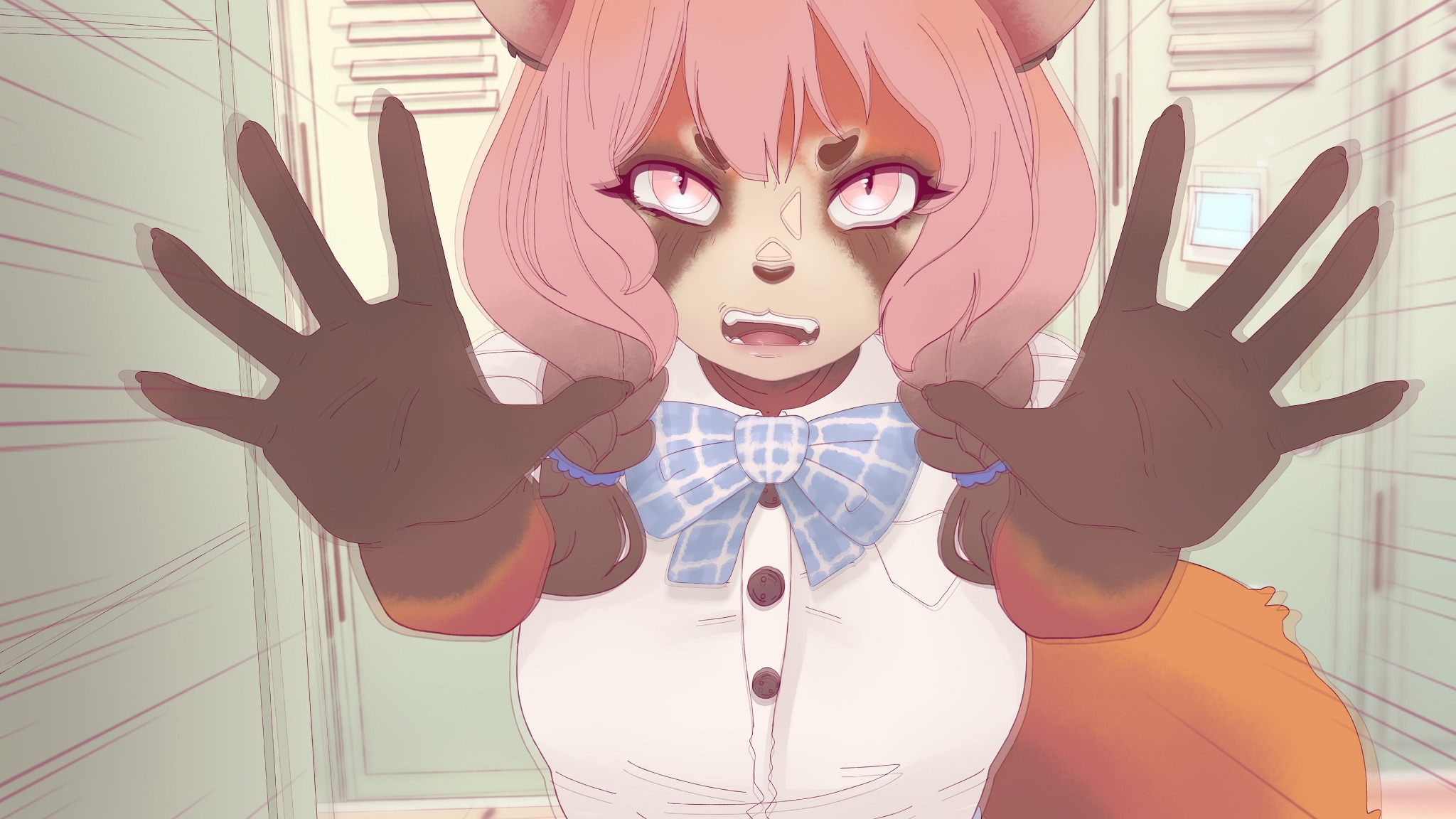 Skye facing down a student beside the academy lockers