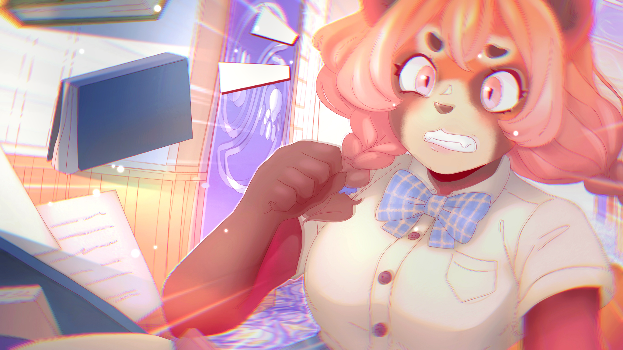 Skye looking startled as magical papers fly through the academy